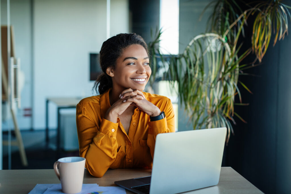 woman happy looking at website 